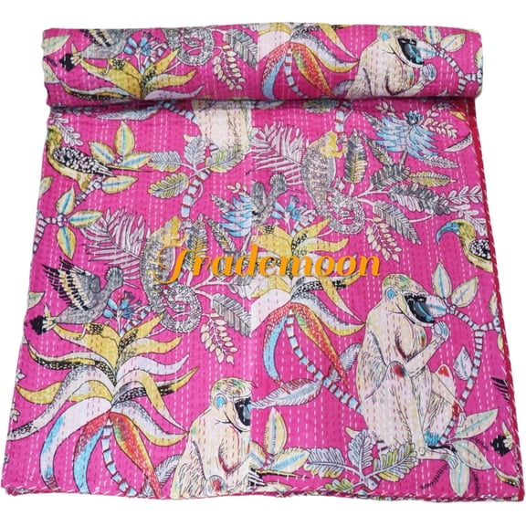 Monkey Print Cotton Kantha Quilt , Bedspread , Throw Blanket Size (Twin Size - 60" x 90")