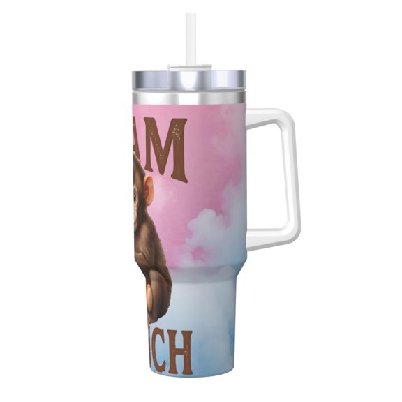 Monkey Punch 40 OZ Ice Bully Cup with Handle Straw, Double Wall Stainless Steel Tumbler Travel Coffee Cup with Lid, Insulation and Cooling Cup for Birthday Present