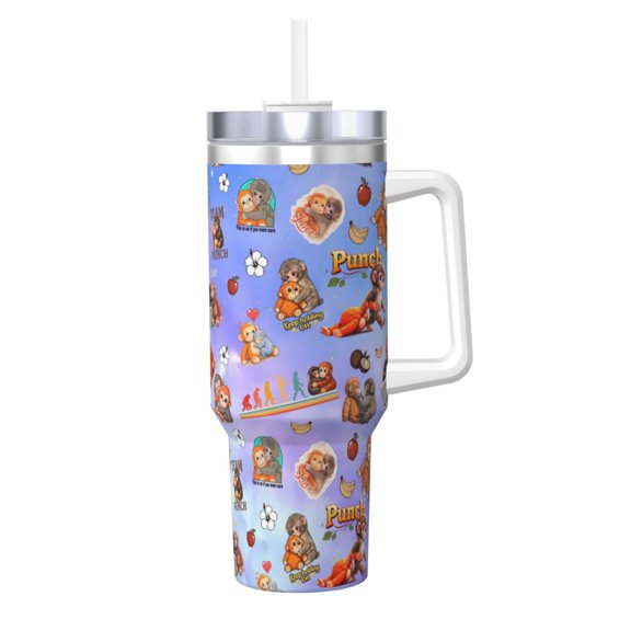 Monkey Punch 40 OZ Ice Bully Cup with Handle Straw, Double Wall Stainless Steel Tumbler Travel Coffee Cup with Lid, Insulation and Cooling Cup for Birthday Present