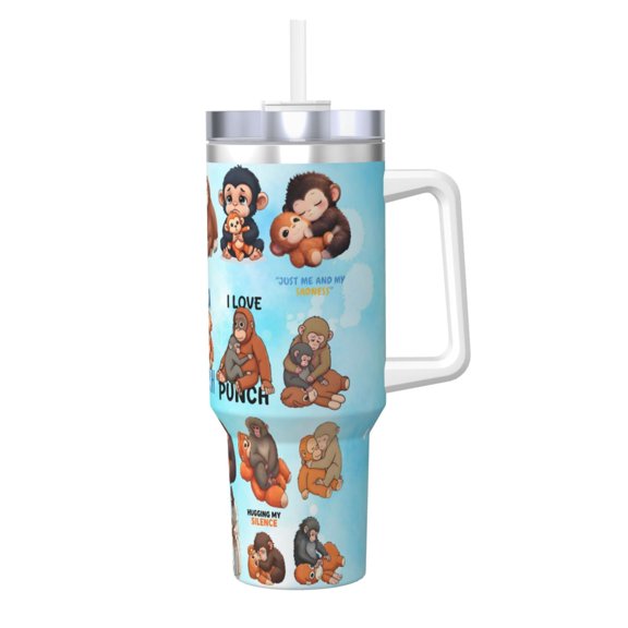 Monkey Punch 40 OZ Ice Bully Cup with Handle Straw, Double Wall Stainless Steel Tumbler Travel Coffee Cup with Lid, Insulation and Cooling Cup for Birthday Present