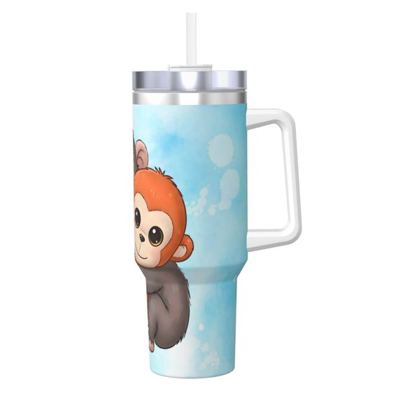Monkey Punch 40 OZ Ice Bully Cup with Handle Straw, Double Wall Stainless Steel Tumbler Travel Coffee Cup with Lid, Insulation and Cooling Cup for Birthday Present