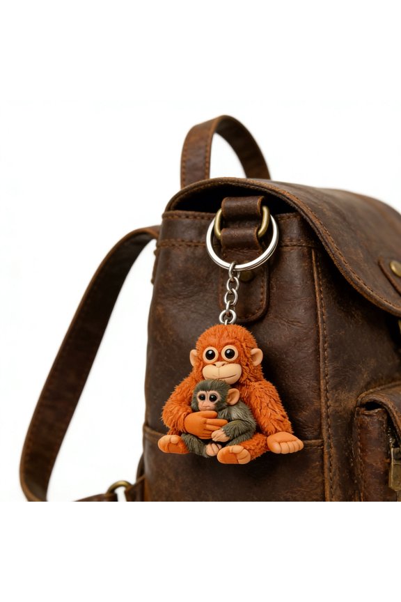 Monkey Punch Backpack Decor, Cute Monkey Punch Statue Keychain, Cute Orangutan Mom Baby Monkey Keychain, Hand Painted Animal Bag Charm Accessory