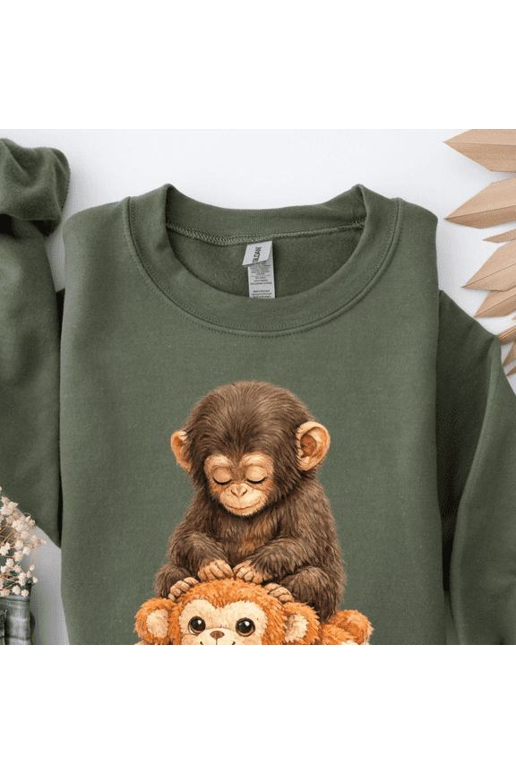 Monkey Punch Graphic Sweatshirt Baby Holding Plush Toy Crewneck Animal Lover Sweater