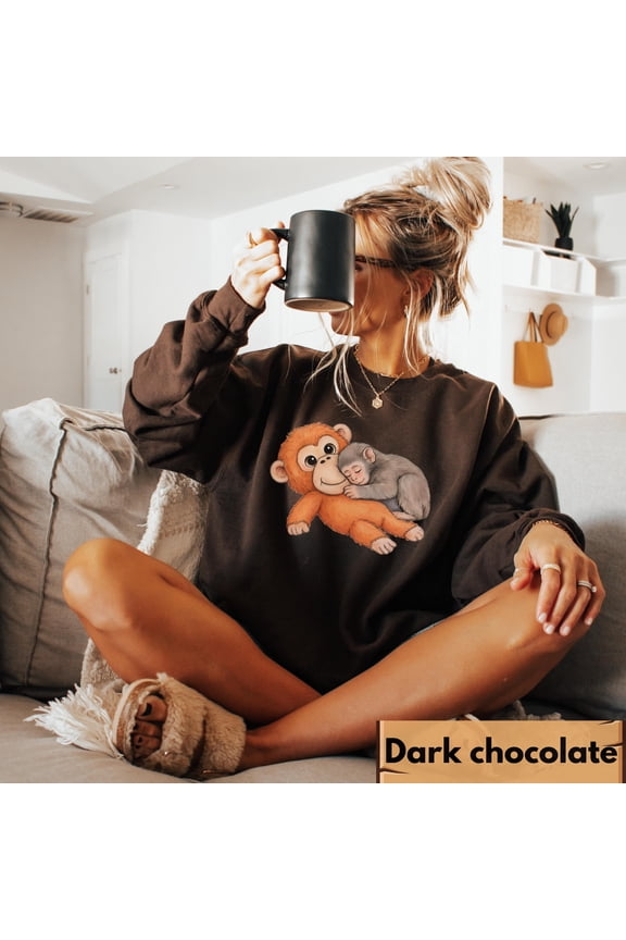 Monkey Punch Graphic Sweatshirt, Baby Monkey Holding Plush Toy, Animal Lover Gift, Cute Cozy Sweatshirt, Brown Theme Sweatshirt