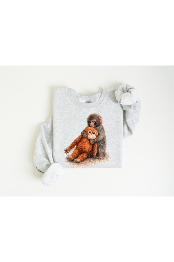 Monkey Punch Graphic Sweatshirt, Baby Monkey Plush Toy Print, Animal Lover Brown Month Sweatshirt