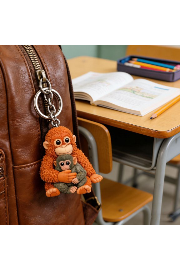 Monkey Punch Statue Keychain, Cute Orangutan Mom Baby Monkey Key Chain Bag Decoration Accessory