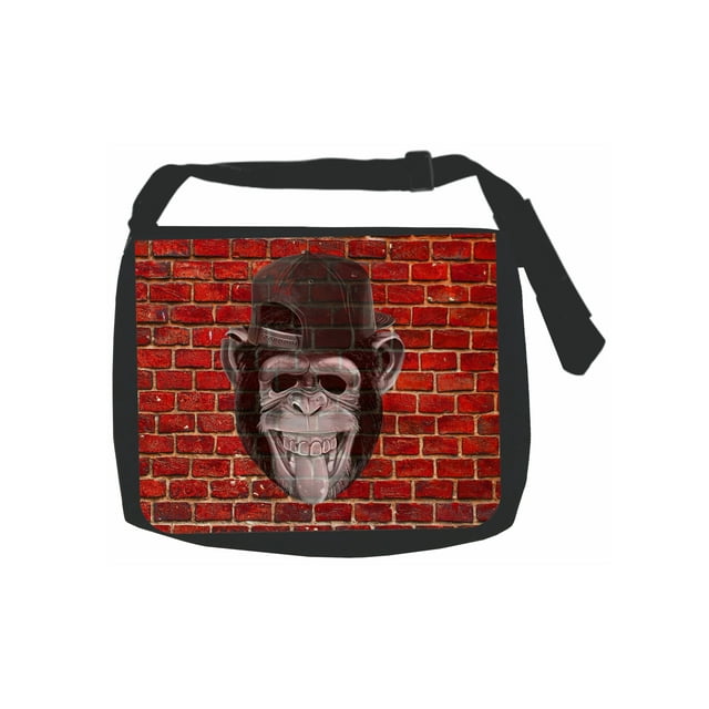 Monkey Punk Brick Wall Print - Black Laptop Shoulder Messenger Bag and Small Wire Accessories Case Set