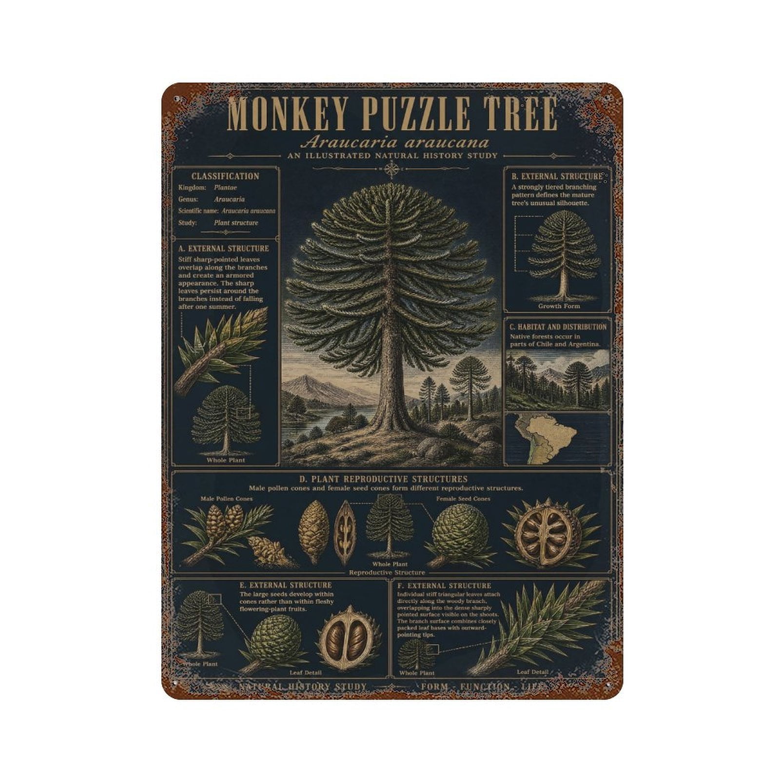 Monkey Puzzle Tree Poster Antique Natural History Museum Wall Art_001 ...