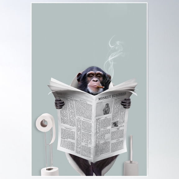 Monkey Reading News Paper On Toilet Bathroom Wc Art Poster Wall Art, Modern Wall Decor For Living Room Bedroom, 8x12 UNFRAMED