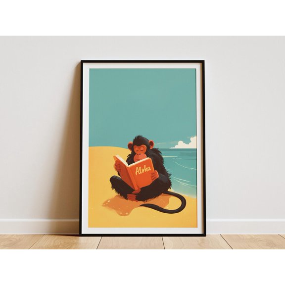 Monkey Relaxing On A Sandy Beach Reading A Book Poster Unframed Paper Print