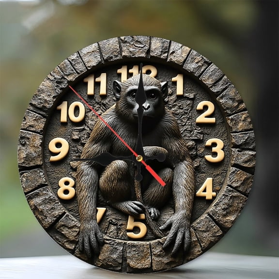 Monkey Resin Stone Wall Clock 10-Inch Silent Wooden Wall Clock, Battery Operated (AA Batteries Not Included), Artistic Home Decor