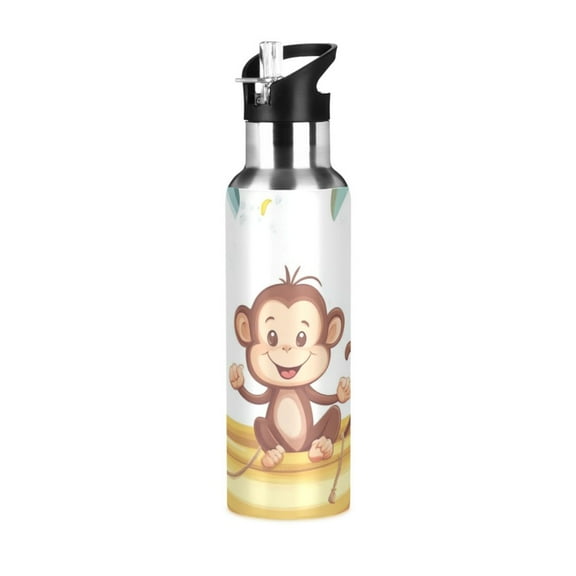 Monkey Ride The Banana Boat Leaves Sports Bottle with Straw Stainless Steel Water Jug Portable Thermal Cup Leak-proof 600ML