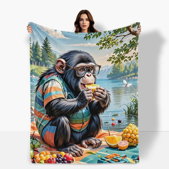 Monkey River Trees Fruits Flannel Blanket Soft Warm Comfortable For Sofa Bed Travel Camping Living Room Office Chair Polyester Fiber Gift For Family Or Friends