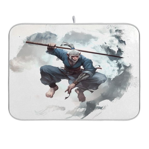 Monkey with Rod Dish Drying Mat for Kitchen Counter 16x18 In Absorbent Microfiber Reversible Mats Dish Drainer Protector Rack Pad for Coffee Bar Table