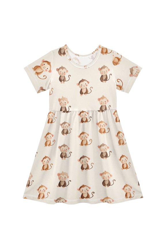 Monkey Short Sleeve Dress A-Line Cute Midi Casual Sundress 2-8 Years