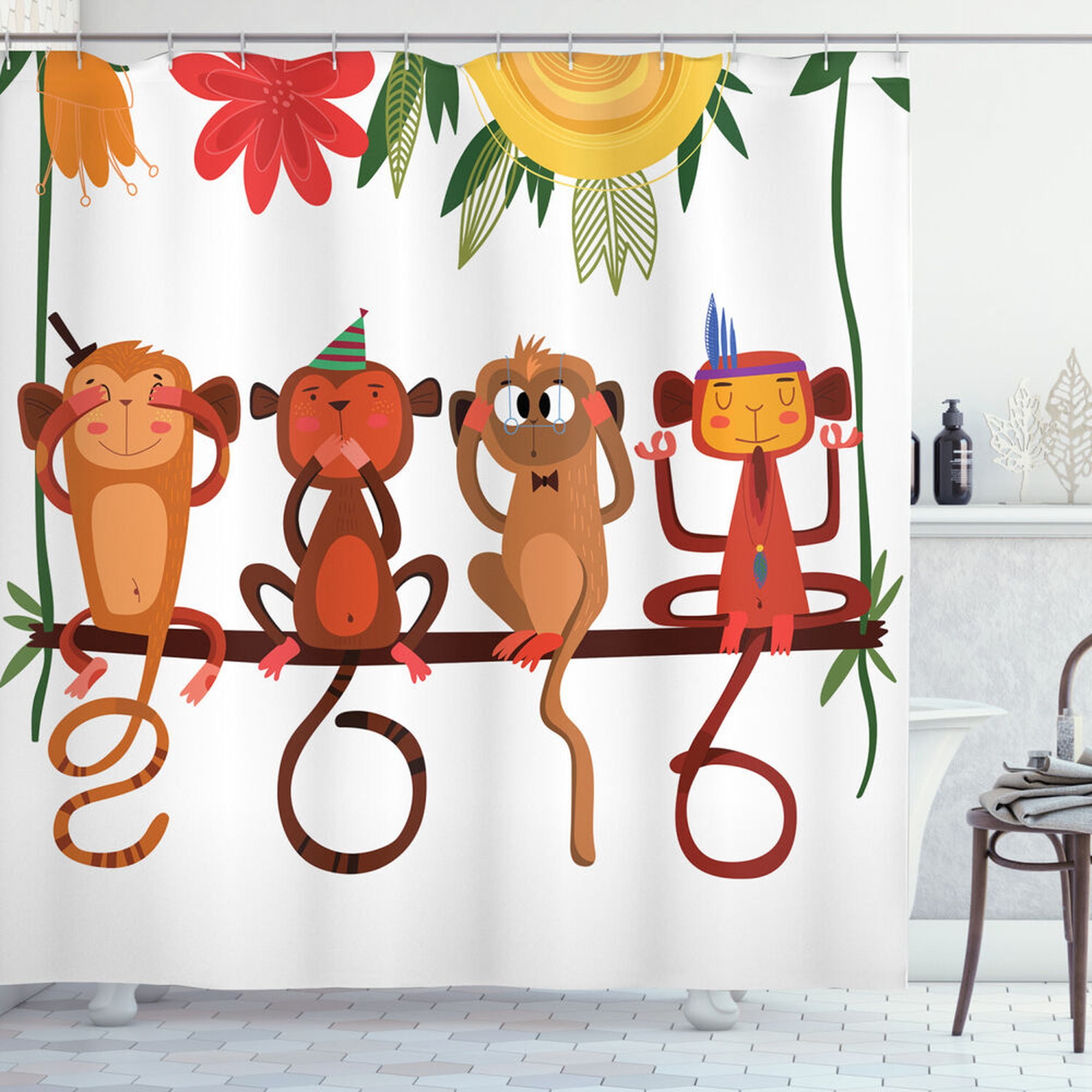 Monkey Shower Curtain Animals Sitting Branch Print for Bathroom ...