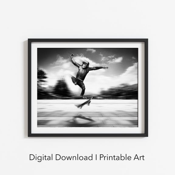 Monkey Skateboarding Nursery Wall Art Skater Chimp Decor, Unframed Paper Poster 8x10in