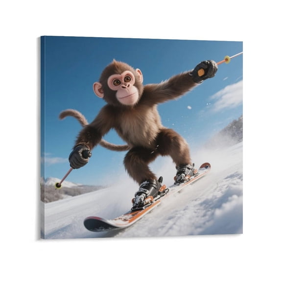 Monkey Skiing (1) Posters Art Print Wall Photo Paint Poster Hanging Picture Family Bedroom Decor Gift 20x20inch(50x50cm)
