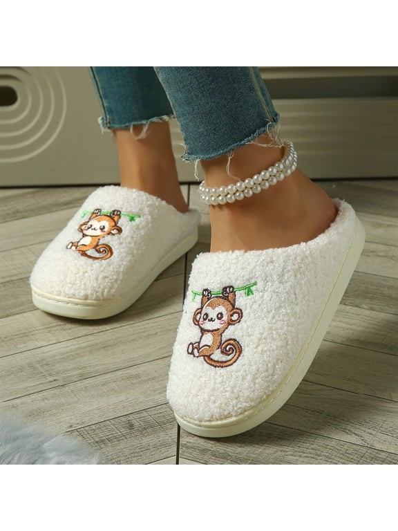 Monkey Slippers for Women, Closed Toe Sherpa House Shoes with Embroidered Hanging Animal, Jungle Flat Non-Slip Bedroom Indoor Outdoor Mule Slippers Gifts