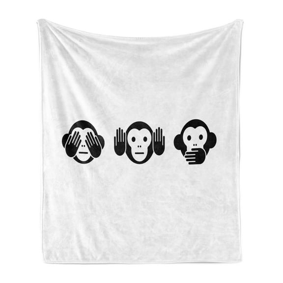 Monkey Soft Flannel Fleece Blanket, See No Evil Hear No Evil Speak No Evil Animal Graphic Simple Illustration, Cozy Plush for Indoor and Outdoor Use, 50" x 60", Charcoal Grey White, by Ambesonne