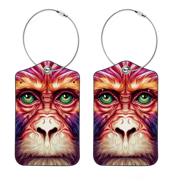 Monkey Square PU Leather Luggage Tags - 2 Pack with Privacy Cover and Stainless Steel Ring - Suitable for Travel, Backpack, Handbag - Suitcase Tags, Travel Tag
