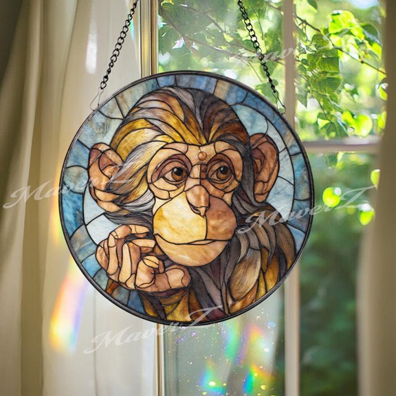 Monkey Stained Glass Suncatcher, Cute Primate Window Hanging, Animal Lover Decor, Jungle Inspired Art, Unique Gift Ornament Home Decor