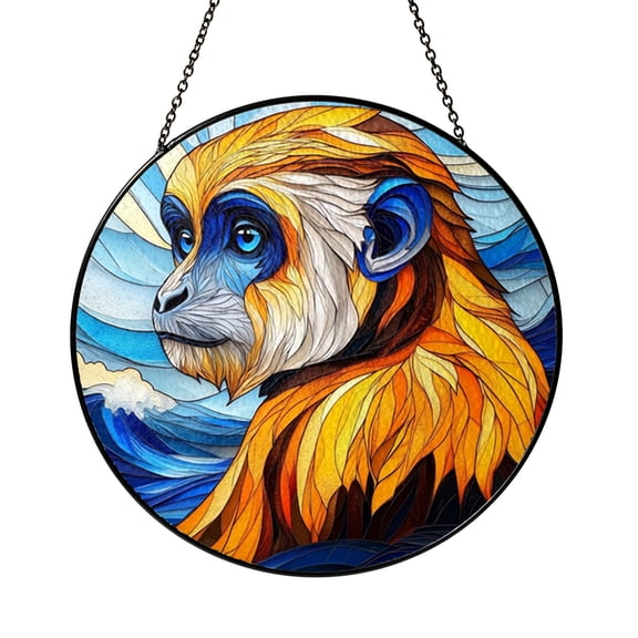 Monkey Stained Glass Suncatcher, Jungle Wildlife Window Hanging Art Decor, Nature Inspired Decorative Glass Panel Ornament