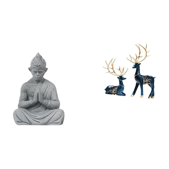Monkey Statue Buddha Figurine Elk Deer Sculpture Unique Resin Material for Desk Patio Backyard Decor
