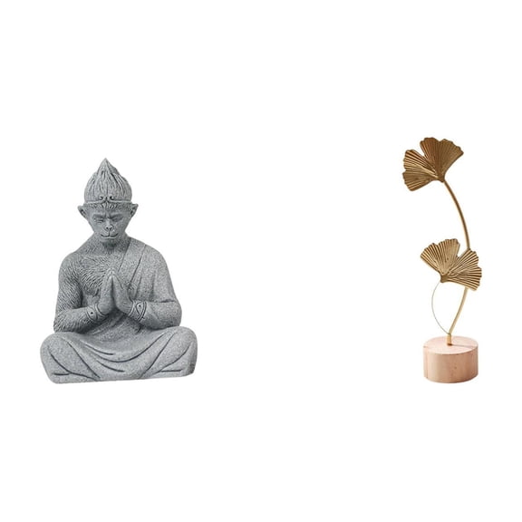 Monkey Statue Buddha Leaf Sculpture Metal Art Figurine Sandstone Material for Home Office Decor
