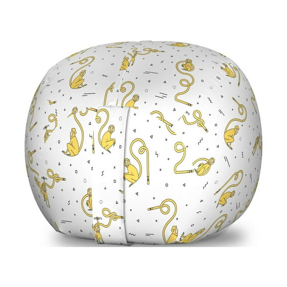 Monkey Storage Toy Bag Chair, Funny Animals with Swirling Tails Among Small Geometrical Shapes, Stuffed Animal Organizer Washable Bag, Large Size, Yellow Black and White, by Ambesonne