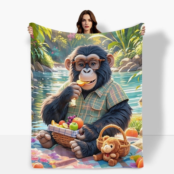 Monkey Stream Fruits Greenery Flannel Blanket Soft Warm Comfortable For Sofa Bed Travel Camping Living Room Office Chair Polyester Fiber Gift For Family Or Friends