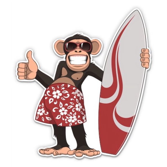 Monkey Surfer Funny Chimp - 5" Vinyl Sticker - For Car Laptop I-Pad - Waterproof Decal