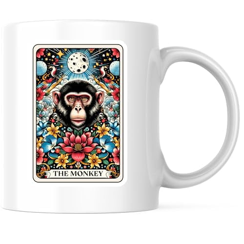 The Monkey Tarot Card Coffee Mug - Psychedelic Animal Design - Vibrant Floral Artwork 11 Ounce Coffee Mug - Premium Ceramic - Design Printed On Both Sides - BMCM04475