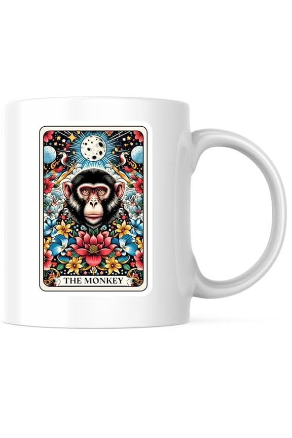 The Monkey Tarot Card Coffee Mug - Psychedelic Animal Design - Vibrant Floral Artwork 11 Ounce Coffee Mug - Premium Ceramic - Design Printed On Both Sides - BMCM04475