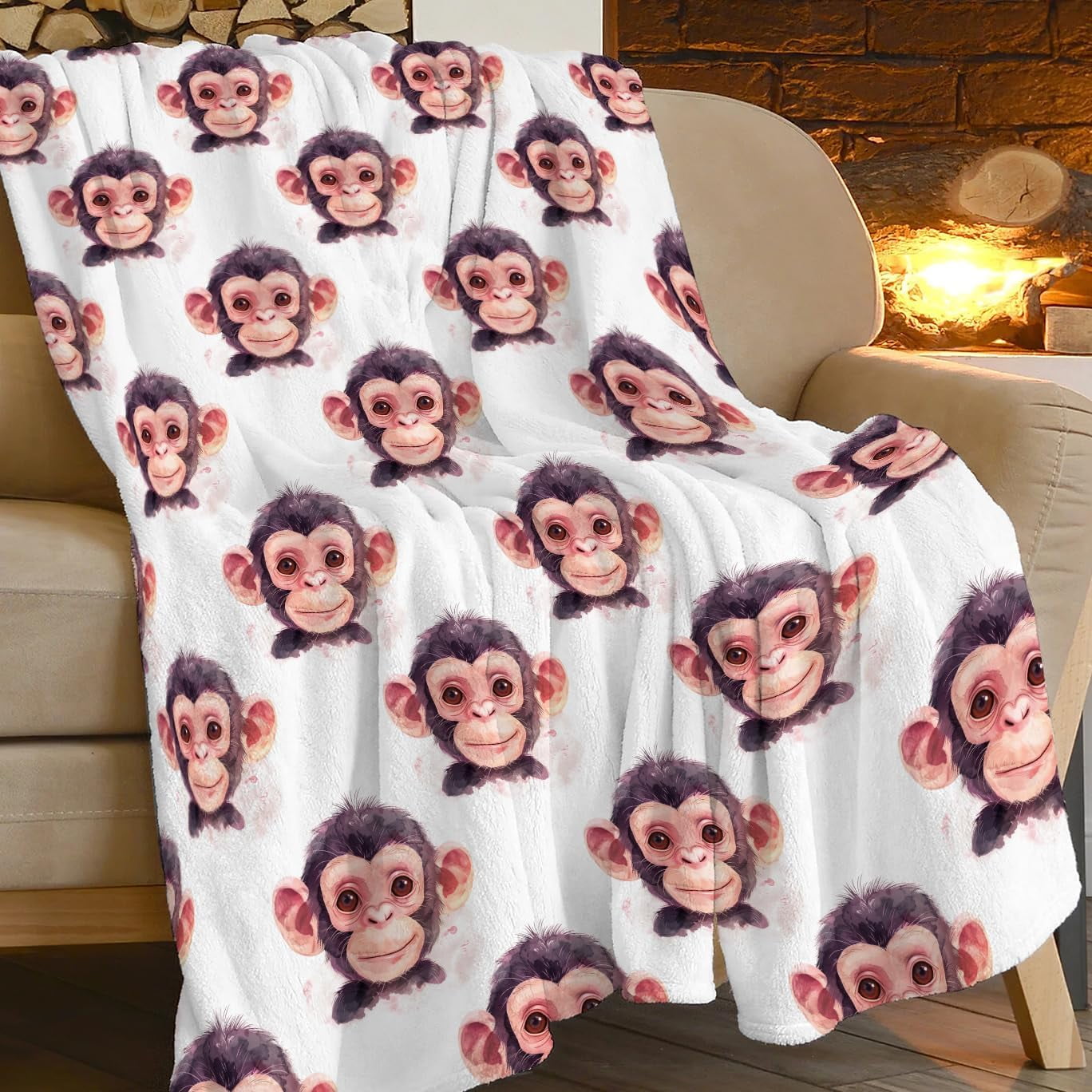 Monkey Throw Blanket Cute Little Gorilla Animal Print Blankets Gifts Couch Sofa Bed Stuff Decor Soft Cozy Lightweight Fleece Plush Flannel Bedding for Lover Women Men Girls Boys Adults Kids 40"x50"