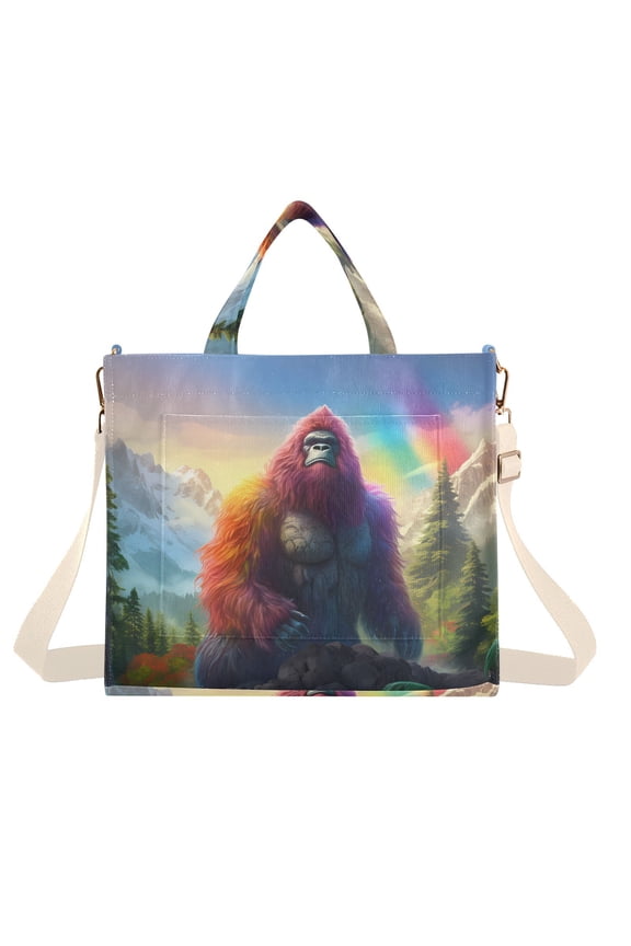 Monkey Trees and Rainbow Mountain Corduroy Tote Bag Handbag Large Messenger Bag Shoulder Crossbody Zipper Bag Purse