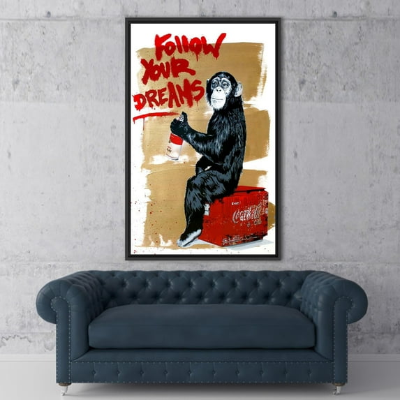 Monkey Wall Art, Painting Printed Canvas, Banksy Wall Decor, Dreams Artwork, Monkey Graffiti Wall Art, Street Artwork, Banksy Monkey Canvas Art, Canvas Wall Decor - Black Framed