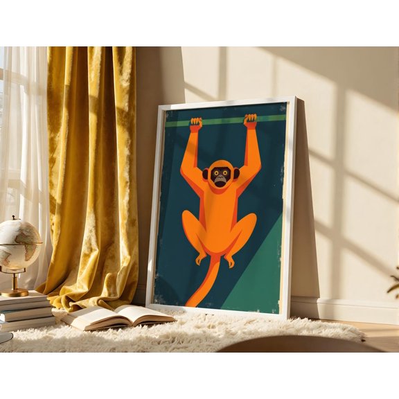 Monkey Wall Art Playful Animal Graphic Print Contemporary Orange Teal Decor Accent
