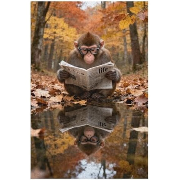 Monkey Wearing Glasses Reading Newspaper 500 Piece Jigsaw Puzzles for Adults Forest Background Jigsaw Puzzle Challenging Family Activity Games Colorful DIY Craft Puzzle for Home Decor Gifts500 PCS