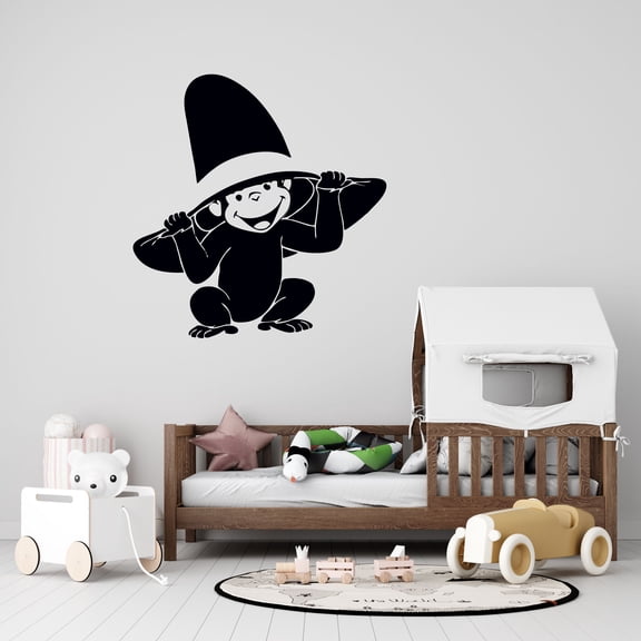 Monkey With A Large Hat Wall Decal - 20" x 21" Curious George Cartoon Story Vinyl Adhesive Home Art Decor Design | Girls Boys Kids Bedroom Removable Ape Animal Decoration Sticker - Black