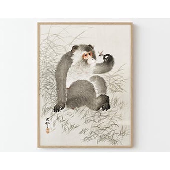 Monkey With Insect Japanese Wall Art Print, Cultural Living Room And ...