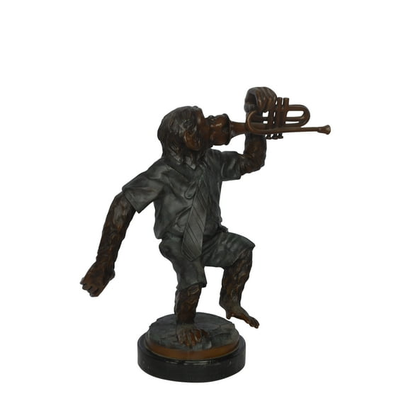Monkey With Trumpet Bronze Statue - Size: 24"L x 12"W x 26"H.