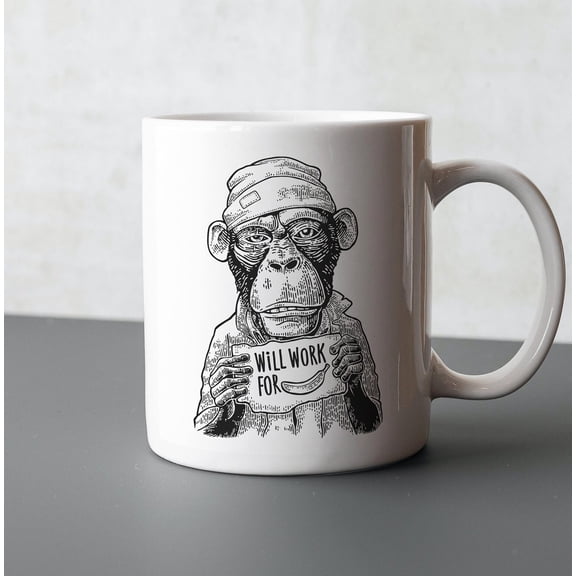 Monkey Work Mug, Will Work For Bananas Coffee Cup, Chimpanzee Coworker Gift, Office Humor Mug, Ceramic Mug 11oz