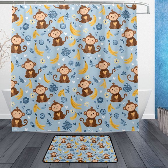 Monkey Yellow Banana Pattern Bathroom Accessory Sets Waterproof Shower Curtain with Absorbent Non-Slip Rug