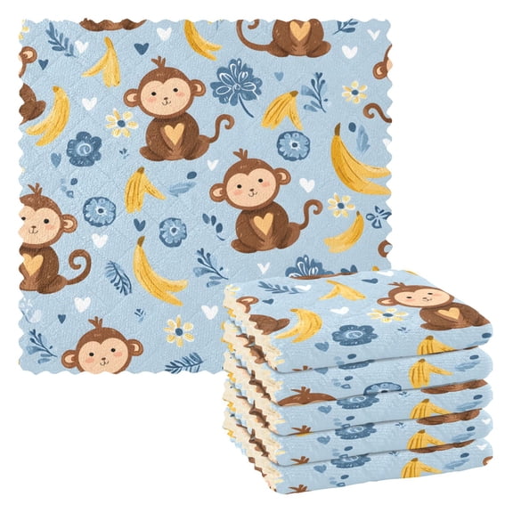 Monkey Yellow Banana Pattern Dish Towels 6 Pack Kitchen Cleaning Dish Cloths Absorbent Reuseable Cleaning Cloths 11'' x 11''