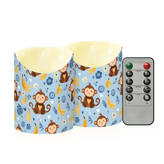 Monkey Yellow Banana Pattern Flameless Candles 2 PCS with Remote Realistic Moving Flame LED Tapered Pillar Set for Home Decor