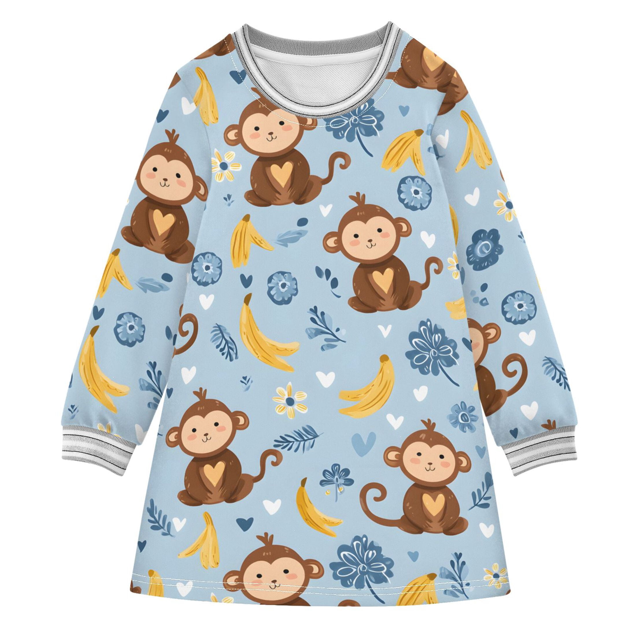 Monkey Yellow Banana Pattern Girls'long-sleeved dress Thickened A-dress ...