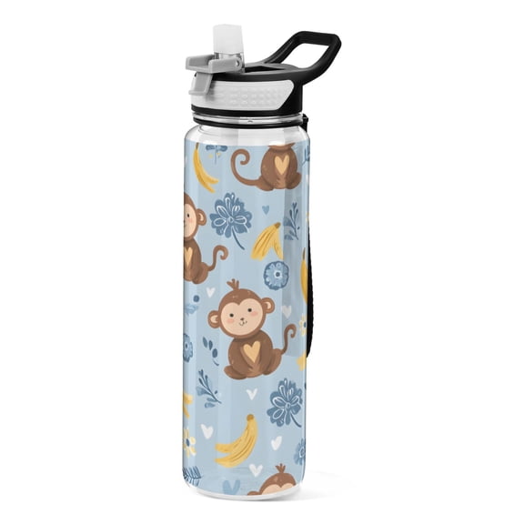 Monkey Yellow Banana Pattern Sport Water Bottle Tritan with Straw 1000ml Portable for Outdoor Daily Use