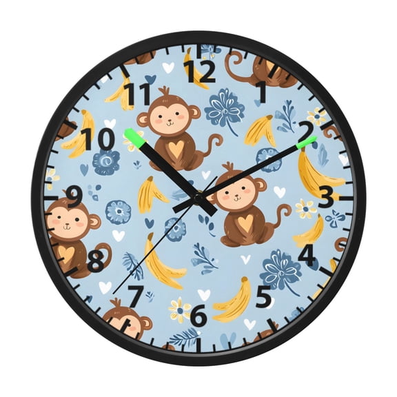 Monkey Yellow Banana Pattern Wall Clock 12 Inch Voice Activated Night Light Silent Non Ticking