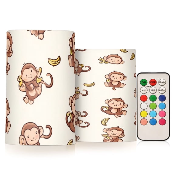 Monkey and Banana Flickering Flameless Candles Battery Operated with Remote Timer LED Pillar Candles Set of 2